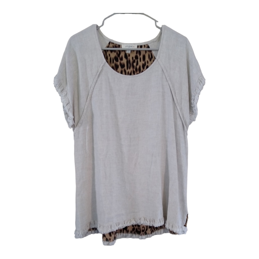 Umgee Fringe Sleeve and Bottom Animal Print Boho Linen Cotton Blend Top Size 2XL